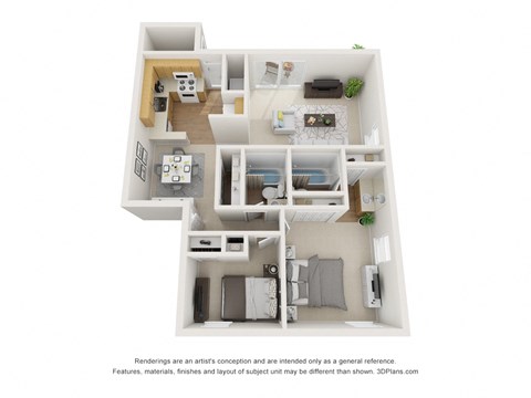 a stylized floor plan of a 1 bedroom floor plan